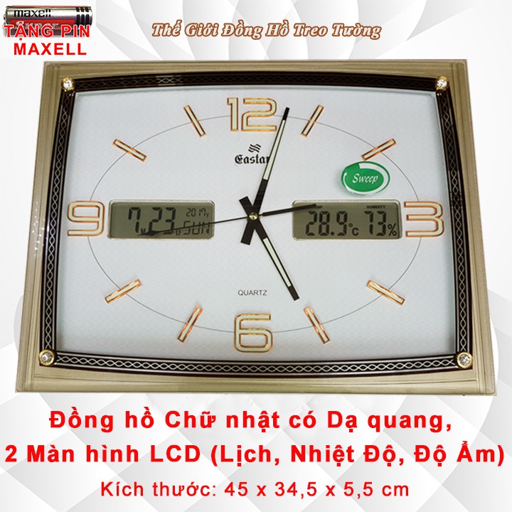 Đồng Hồ Treo Tường KIM ĐIỆN TỬ EASTAR Chữ Nhật Mặt Trắng – Có DẠ QUANG (*) - LỊCH Vạn Niên – NHIỆT ĐỘ Và ĐỘ ẨM