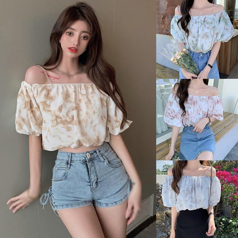 Áo Chiffon Tay Phồng Trễ Vai Màu Nhuộm Phong Cách Hàn Quốc Cho Nữ | BigBuy360 - bigbuy360.vn