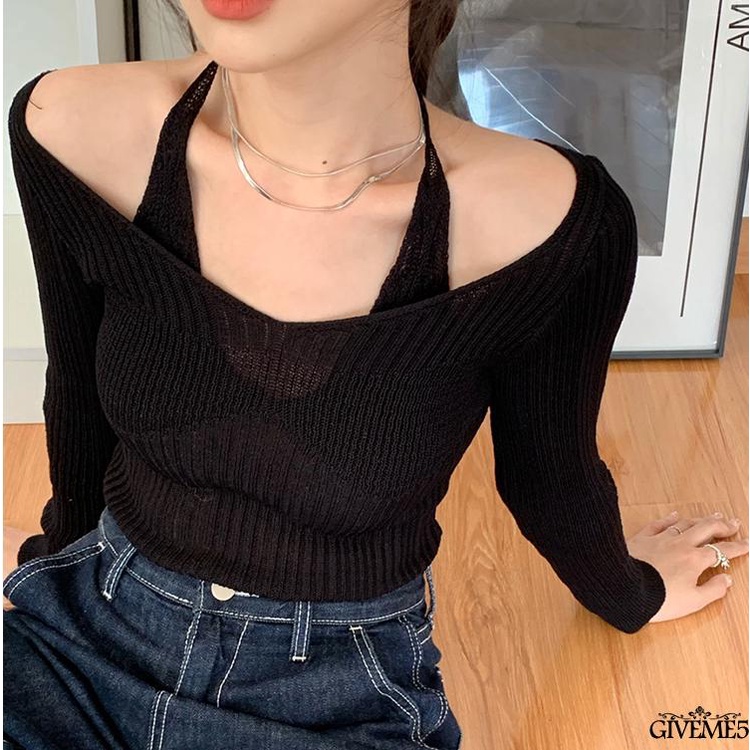 Áo Dệt Kim Tay Dài Cổ Chữ V Màu Trơn Thời Trang Cho Nữ