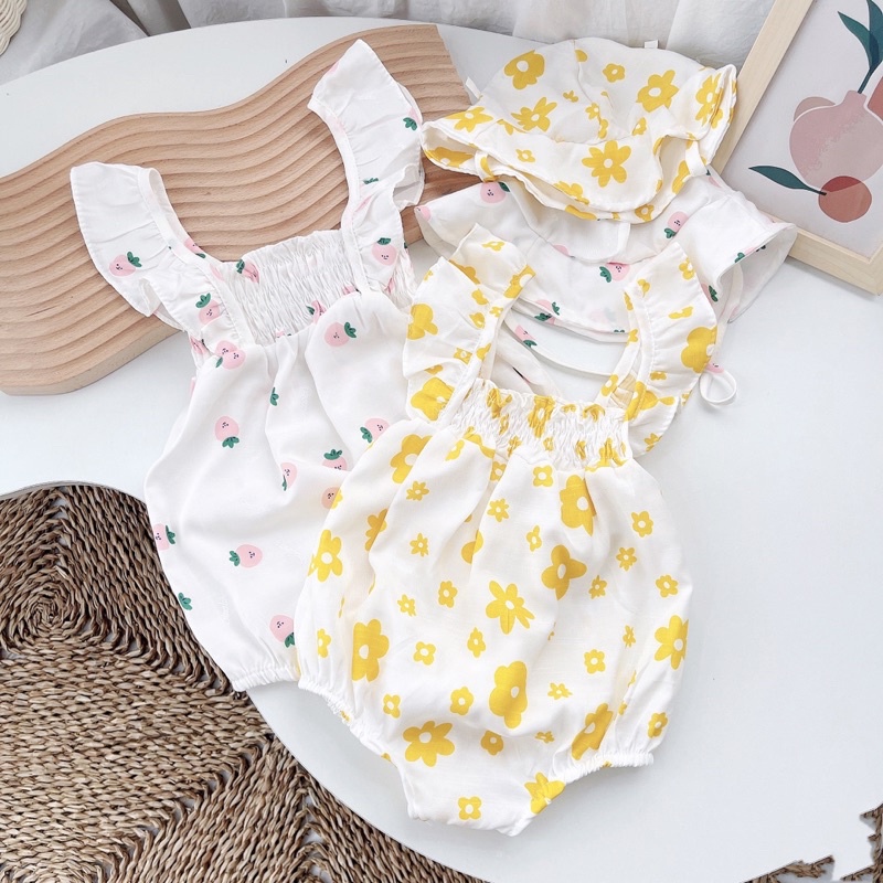 Bodysuit Bé Gái Cánh Tiên Chun Ngực Kèm Mũ, Bodysuit Sơ Sinh, Đầm Đầy Tháng, Body Liền Thân, Set Đồ Cho Bé Gái