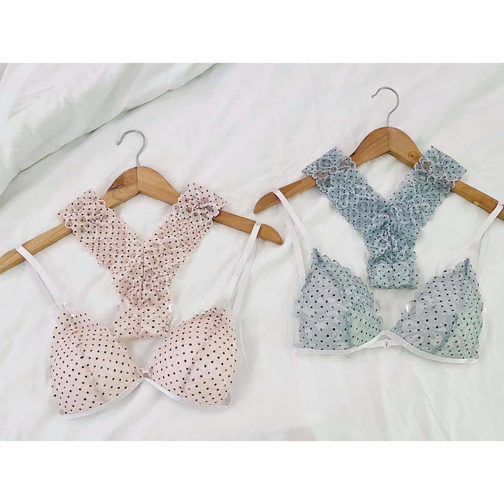 🌺 RẺ NHẤT SHOPEE 🌺 Bộ đồ lót ren không gọng có mút chấm bi 2 màu xanh và hồng nude | BigBuy360 - bigbuy360.vn