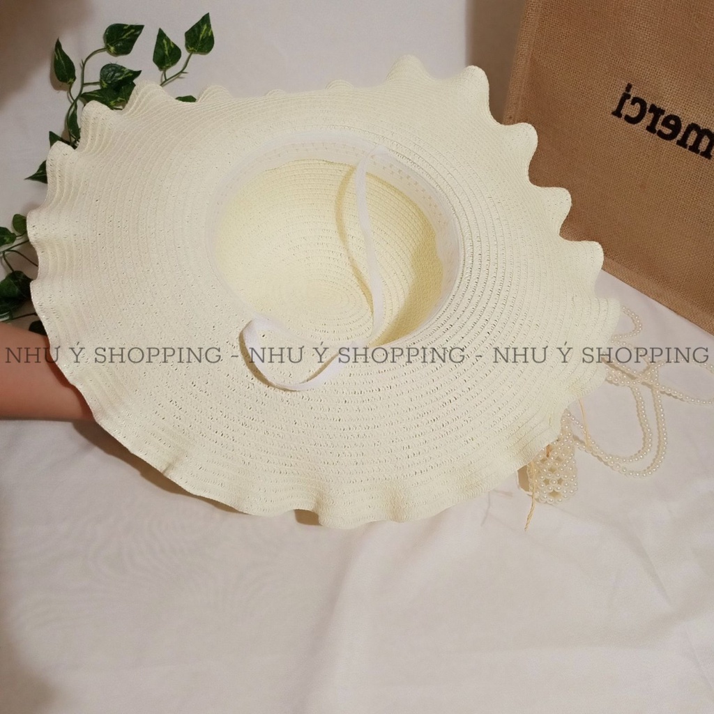 Nón cói,mũ cói nữ đi biển vành nhỏ gợn sóng mix hoa xinh đẹp mùa hè hình thật_gợn sóng nhỏ hoa lazer