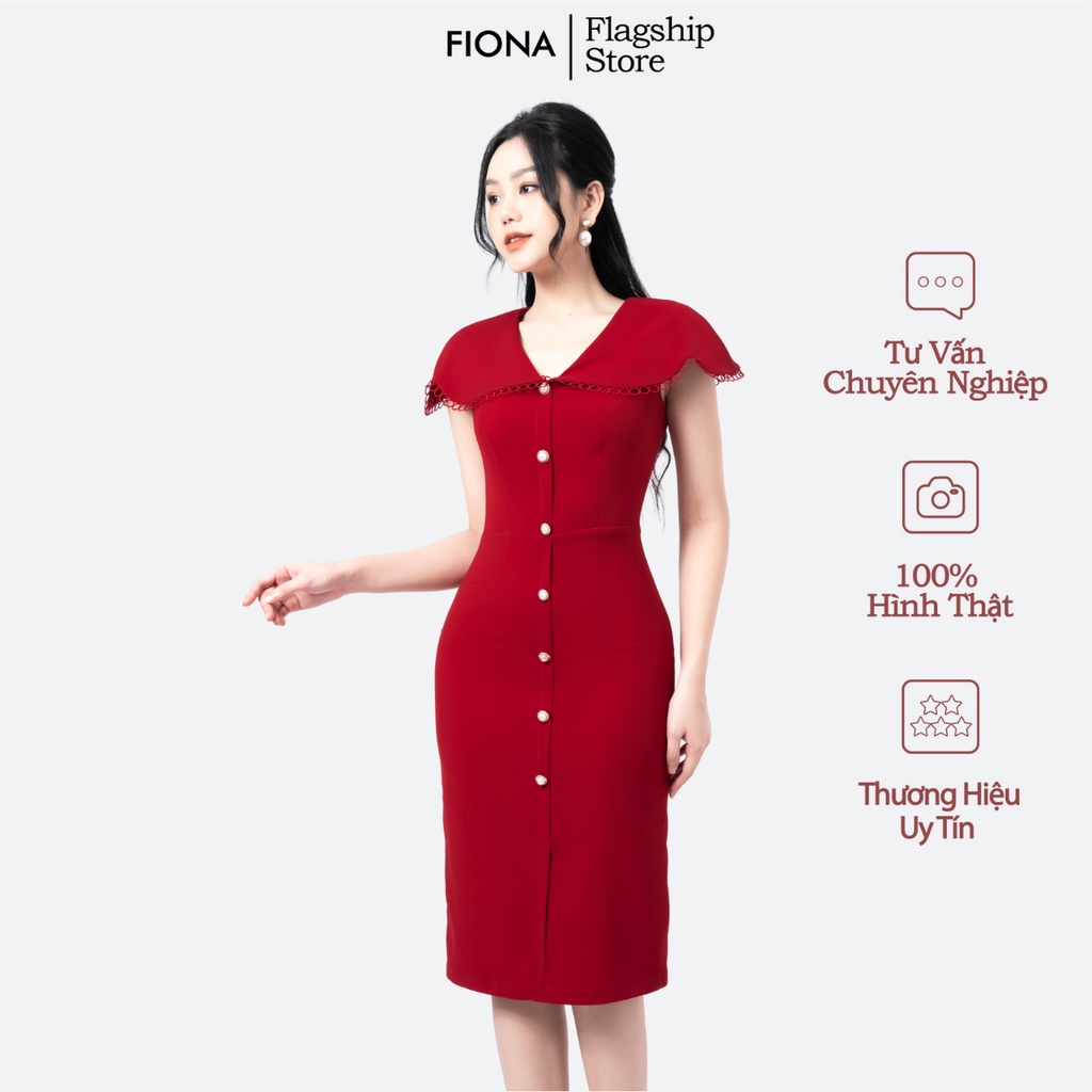 Đầm công sở nữ dáng ôm ,lá cổ chờm vai, viền kẹp ren, dọc thân đính cúc trai FIONA F451274