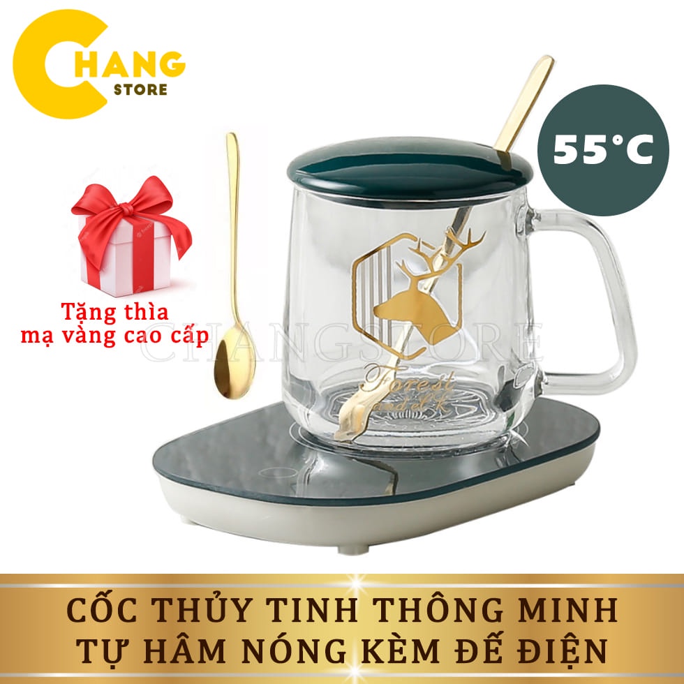 ↂCốc Hâm Nóng Bằng Thủy Tinh, Ly Tinh Kèm Đế Điện Cafe, Sữa, Trà + Tặng Thìa Mạ Vàng Tiện Lợi