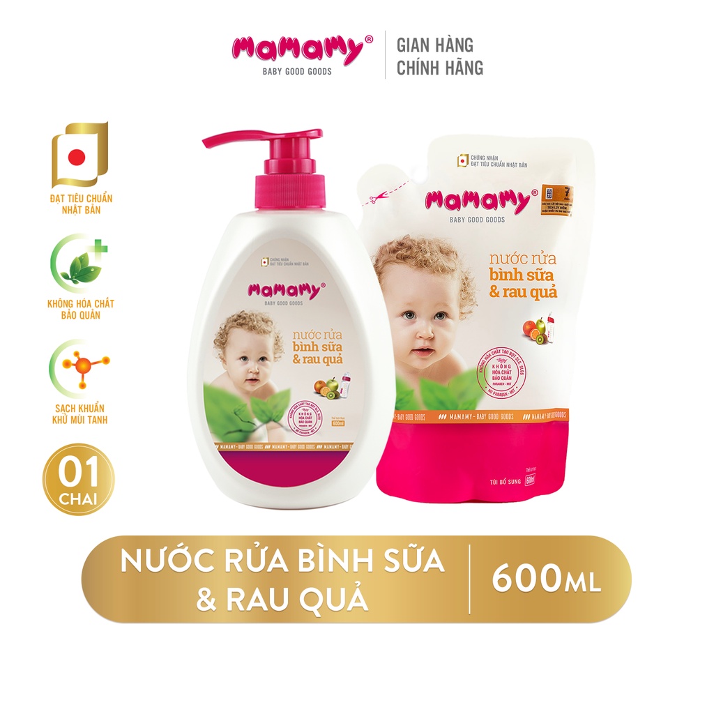 [Mã LT50 giảm 50k đơn 250k] Combo Chai Nước Rửa Bình Sữa Thiên Nhiên Mamamy (600ml) Và Túi Bổ Sung (600ml)