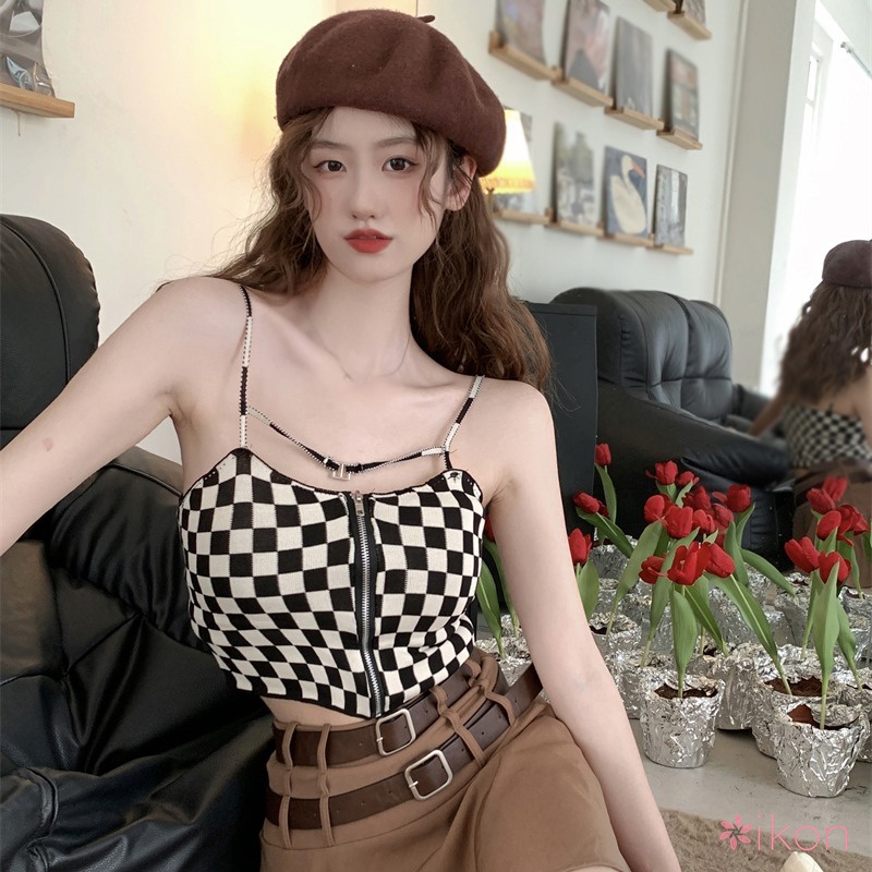 Áo Croptop Dệt Kim Hoạ Tiết Kẻ Sọc Phối Khoá Kéo Thiết Kế Quyến Rũ