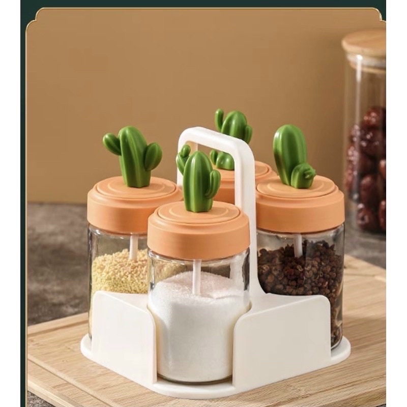 Set 4 Lọ đựng gia vị thủy tinh xương rồng cao cấp, hũ bột canh kèm muỗng thìa đẹp