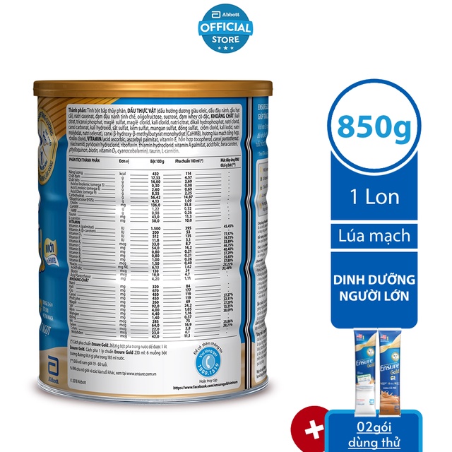 Sữa bột Ensure Gold Lúa mạch (HMB) 850g