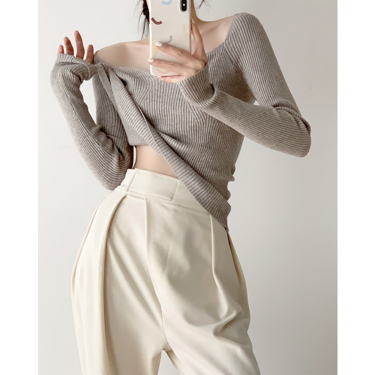 Áo kiểu ZHELIHANGFEI vải dệt kim tay dài hở vai thời trang quyến rũ cho nữ