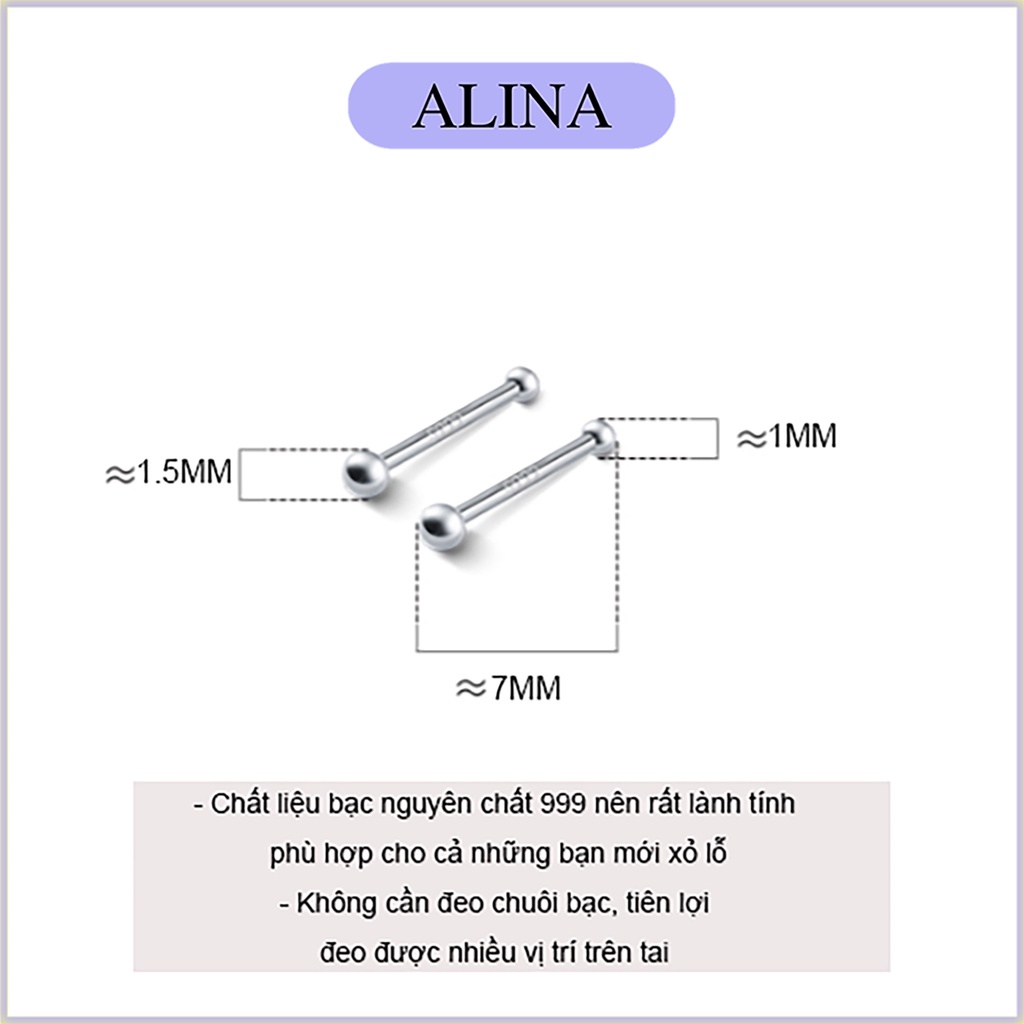 Bông Tai Bạc Nguyên Chất Giữ lỗ Alina Bông Hai Đầu Bi Khuyên Đeo Mũi Nam Nữ