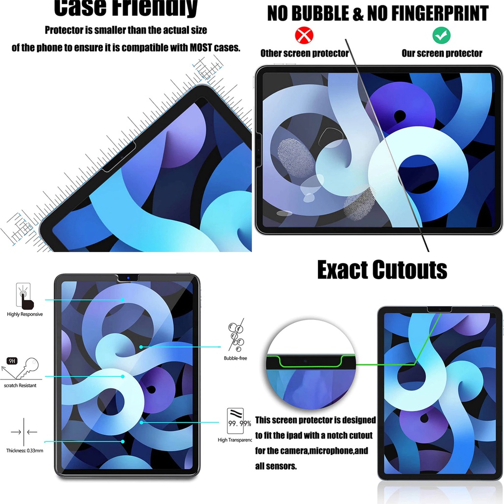 Set 2 Kính Cường Lực HD Chuyên Dụng Cho IPad Air5 2022 Pro 11 12.9 2021 Air4 10.9 Air3 10.5 8th 9th 10.2 6th Gen 9.7 Mini 1/2/3/4/5/6 2020 9H