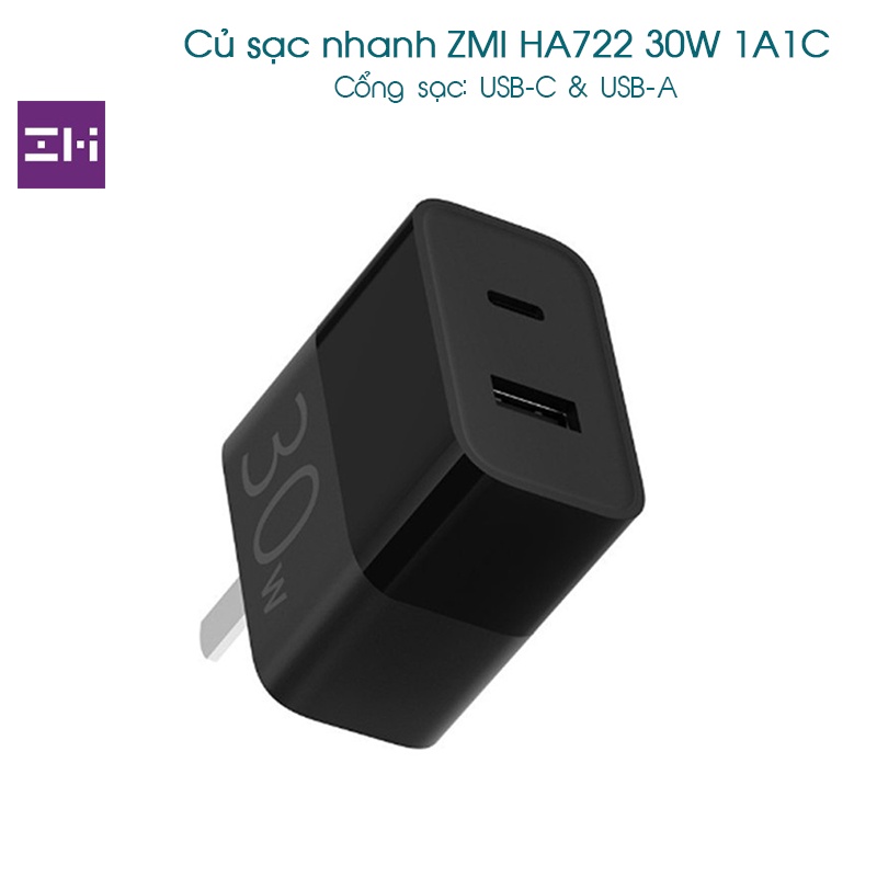 Củ sạc nhanh ZMI HA722 30W 1A1C (Đen) PD cổng C.