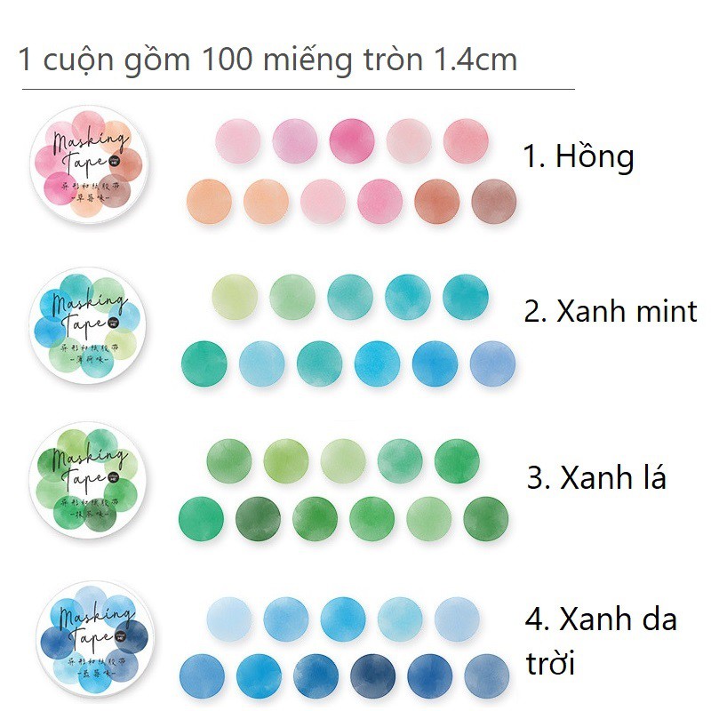 Băng dính tròn màu nước xinh xắn WT107 Gachini