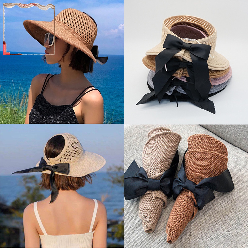 Nón Vành Rộng Chống Tia UV Có Thể Gấp Gọn Phối Nơ Bảo Vệ Cho Nữ