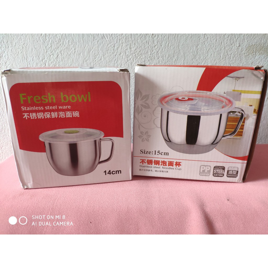 Ly inox tiện dụng dễ thương .ca mì sâu đáy có nắp đậy kín 14 cm 15cm