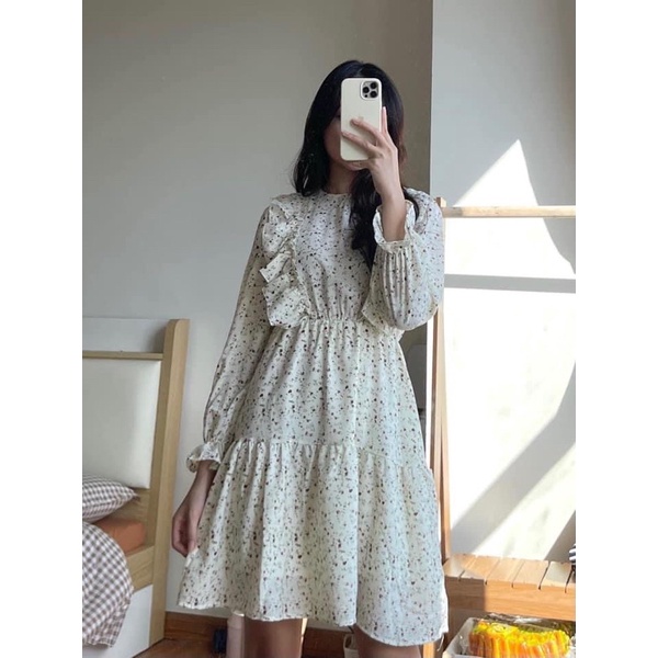 Váy - đầm hoa nhí dài tay có chun eo  A017
