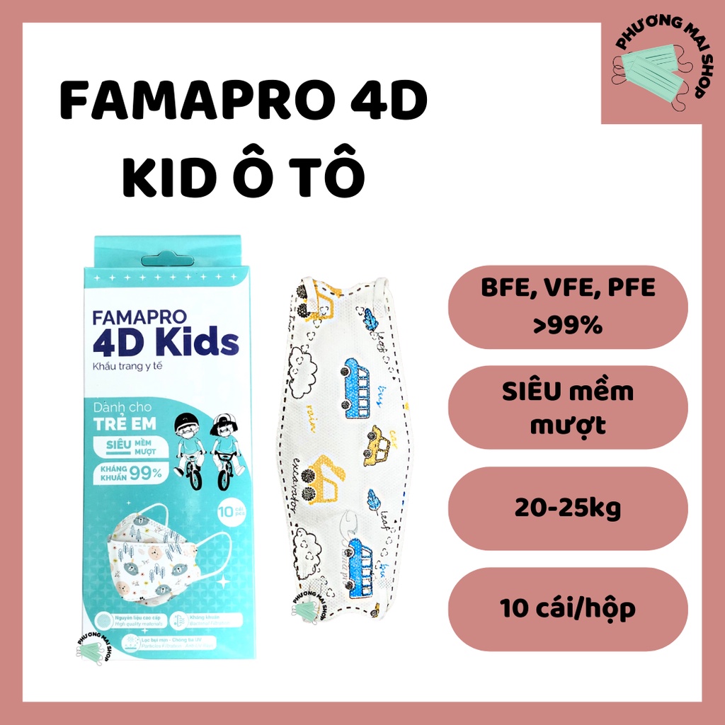 [4D KID] Khẩu Trang Y Tế Trẻ Em Kháng Khuẩn Famapro - Hộp 10 cái
