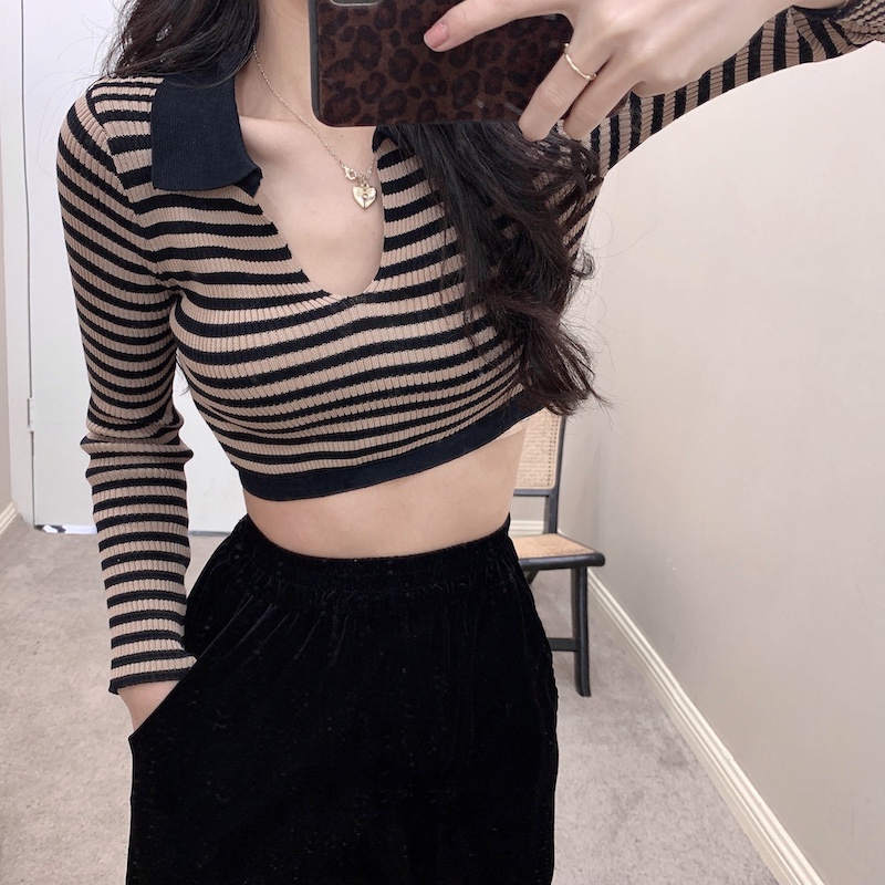 Áo thun polo dệt kim tay dài dáng ôm kẻ sọc thiết kế quyến rũ | BigBuy360 - bigbuy360.vn