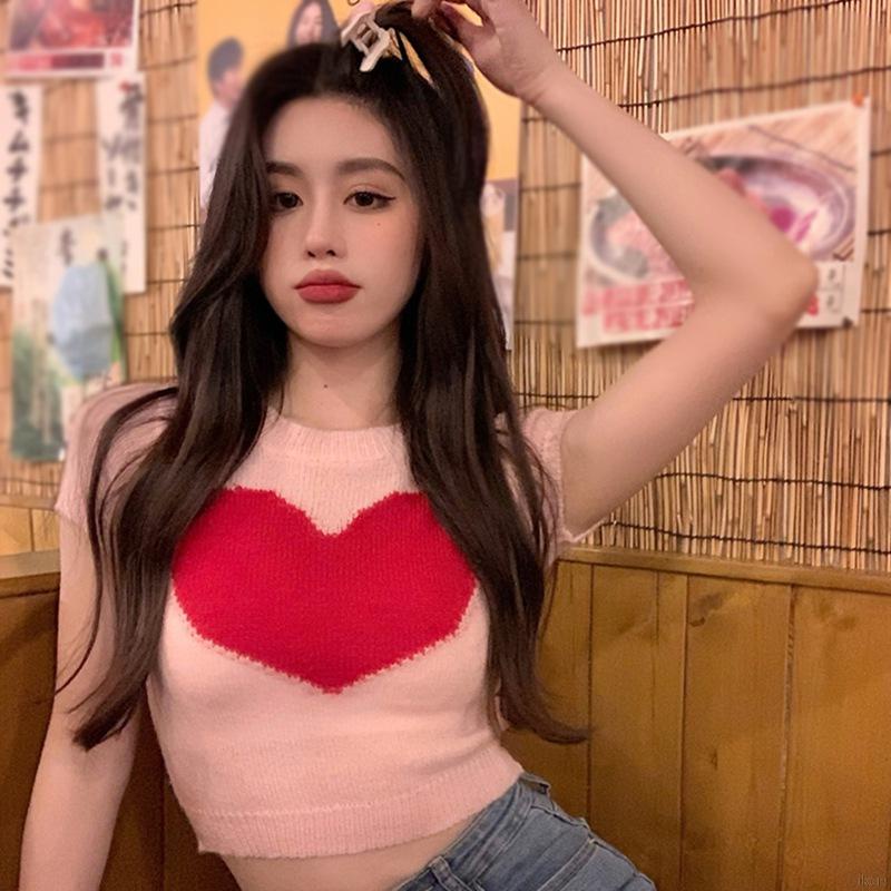 Áo Thun Dệt Kim Tay Ngắn Cổ Tròn In Hình Trái Tim Phong Cách Hàn Quốc Cho Nữ