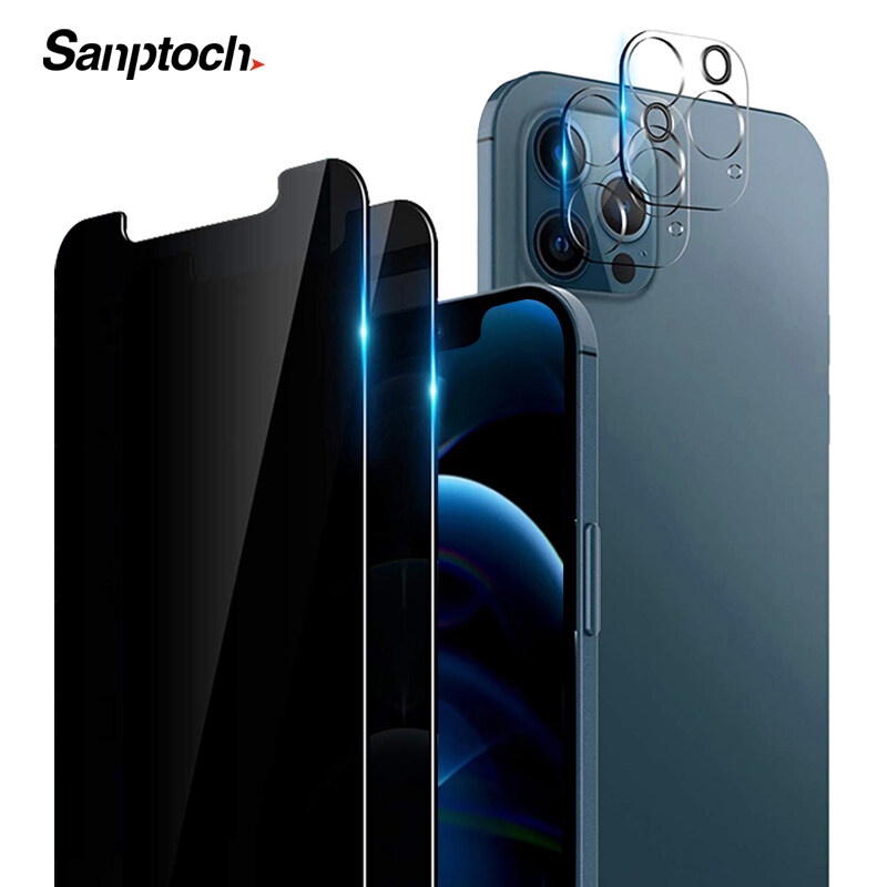 【4 PCS】Sanptoch HD Privacy Screen Protector For 11 / 12 / 13 Pro Max Mini 9H Hardness Tempered Glass Protective Film With 2Pcs Full Camera Lens Protector