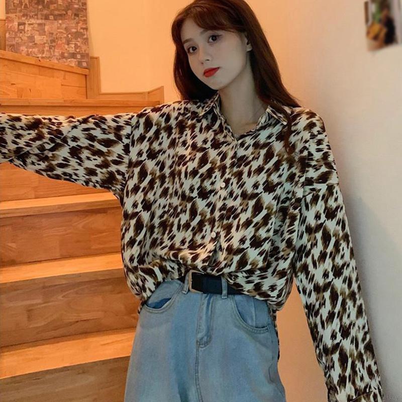 Áo Sơ Mi Tay Dài Dáng Rộng Họa Tiết Da Báo Quyến Rũ Phong Cách Hàn Quốc