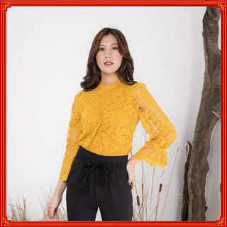 Áo sơ mi ren vàng 💝cổ tàu 💝tay sếp-Sooyoung