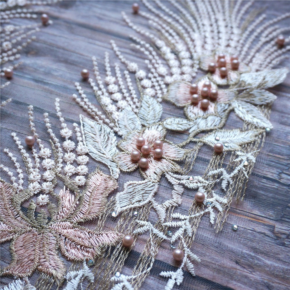 Mai Màu Hồng Thêu Ren Đính May Hạt Vải Hoa Cổ Miếng Dán Váy Cưới DIY