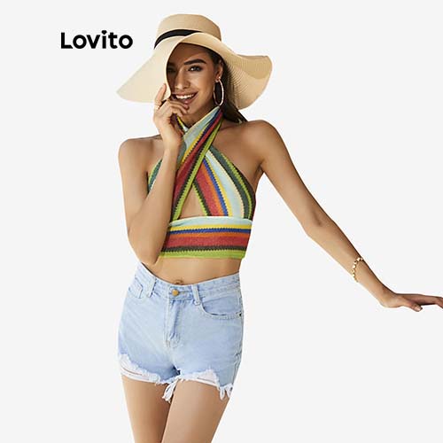 Áo Lovito buộc dây cổ in sọc gợi cảm nhiều màu sắc L02124 (Colorful) | BigBuy360 - bigbuy360.vn