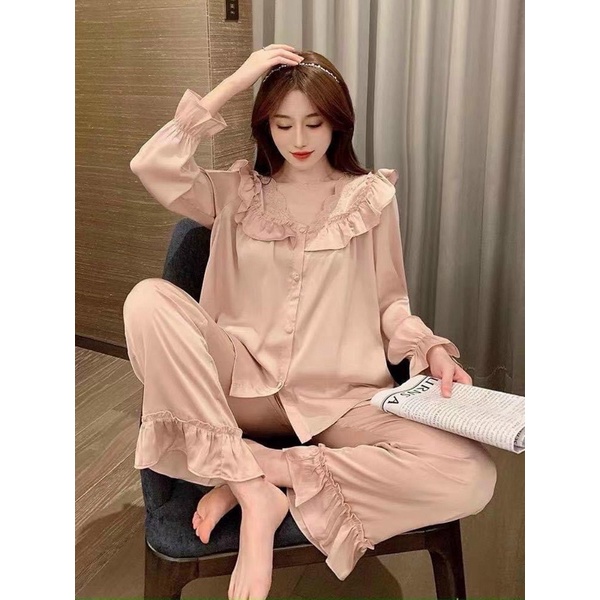 Pijama lụa tay bo tiểu thư cao cấp hãng studio 2021