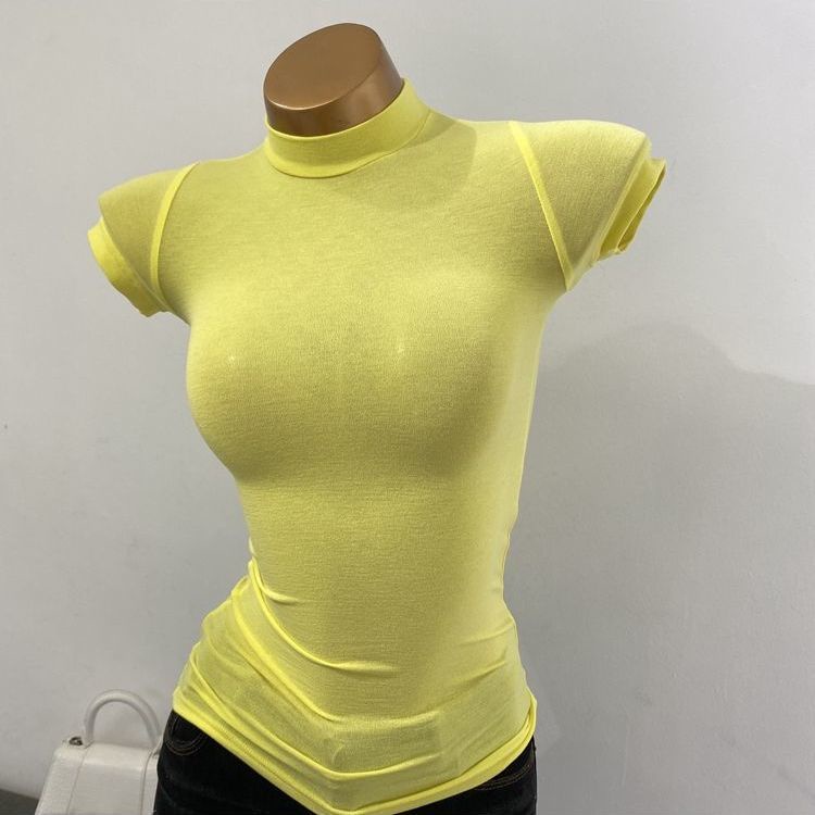 Áo Dài Tay Skinny!F &amp; X Áo Thun Tay Ngắn Cổ Cao Ôm Dáng Co Giãn Màu Trong Suốt Thời Trang Mới 2021