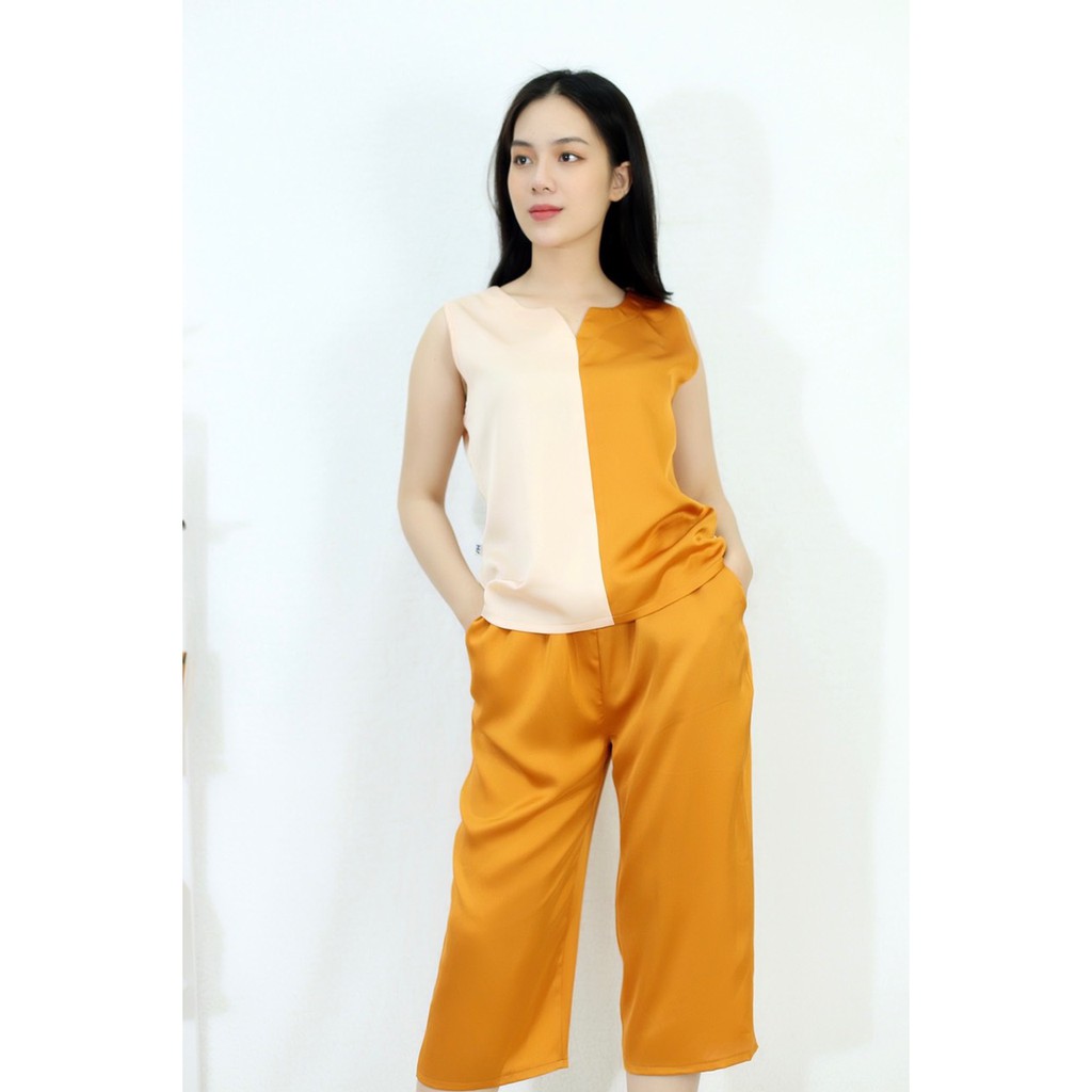 [HÌNH THẬT 100%] Bộ đồ Pijama nữ lửng pha 2 màu VÀNG KEM - vải lụa satin cao cấp - Cực Kì Sang Chảnh | BigBuy360 - bigbuy360.vn