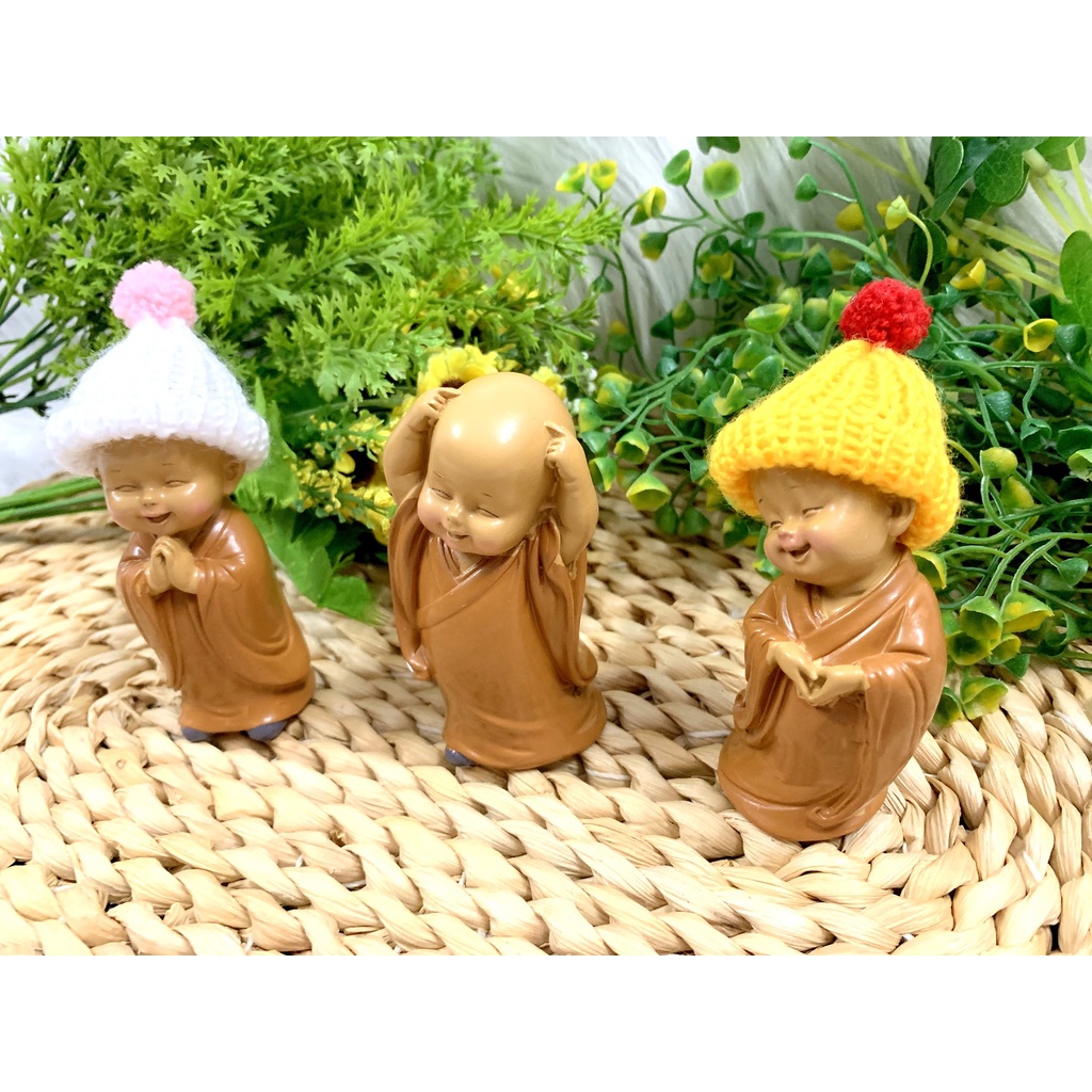 Bộ 3 tượng Chú Tiểu Ấn Độ Hoan Hỉ Tài Lộc Nón Len ( Hình Thật )
