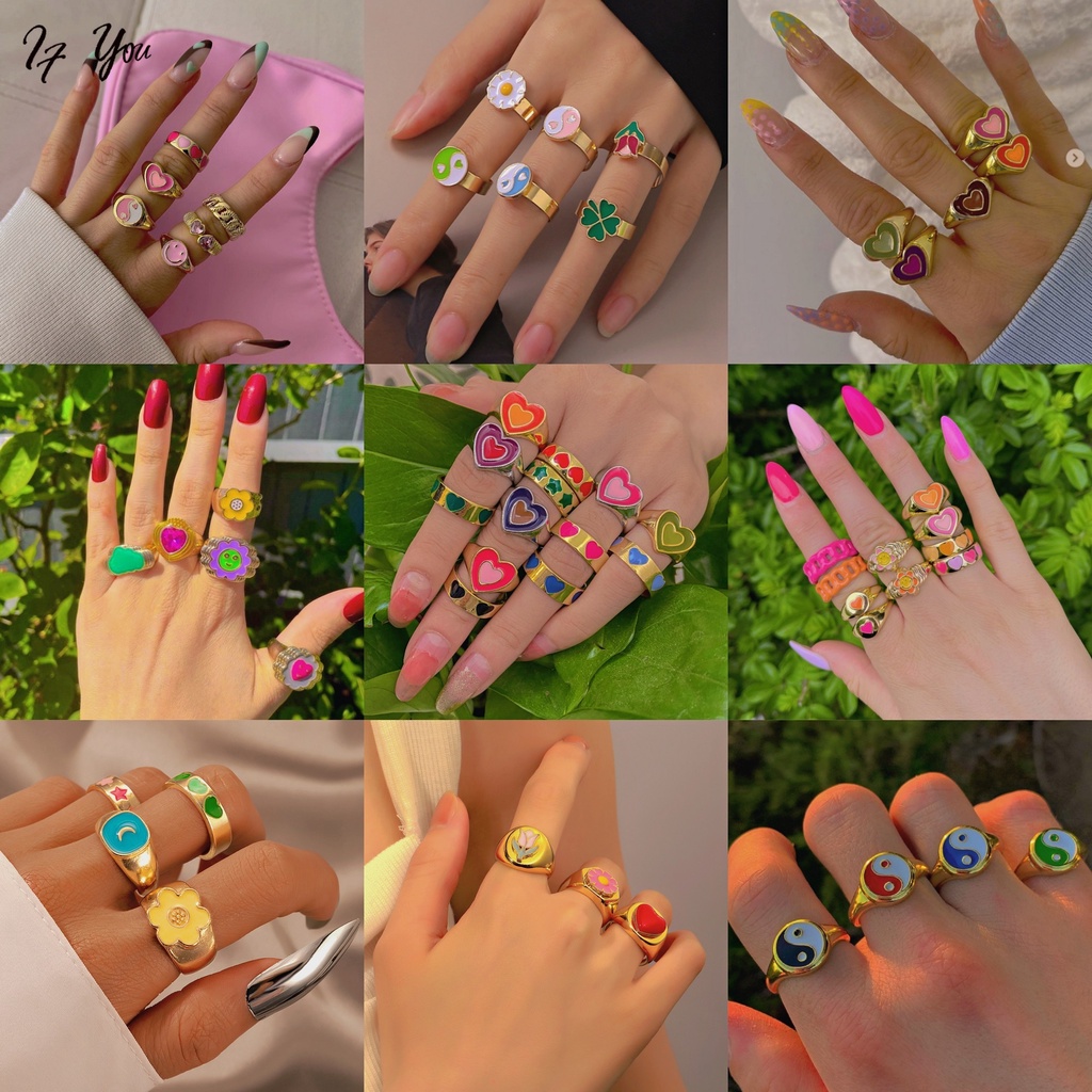 Nhẫn AY mặt trái tim ngôi sao hoa nhiều mẫu tùy chọn mạ vàng thời trang Hàn Quốc cổ điển dành cho nữ