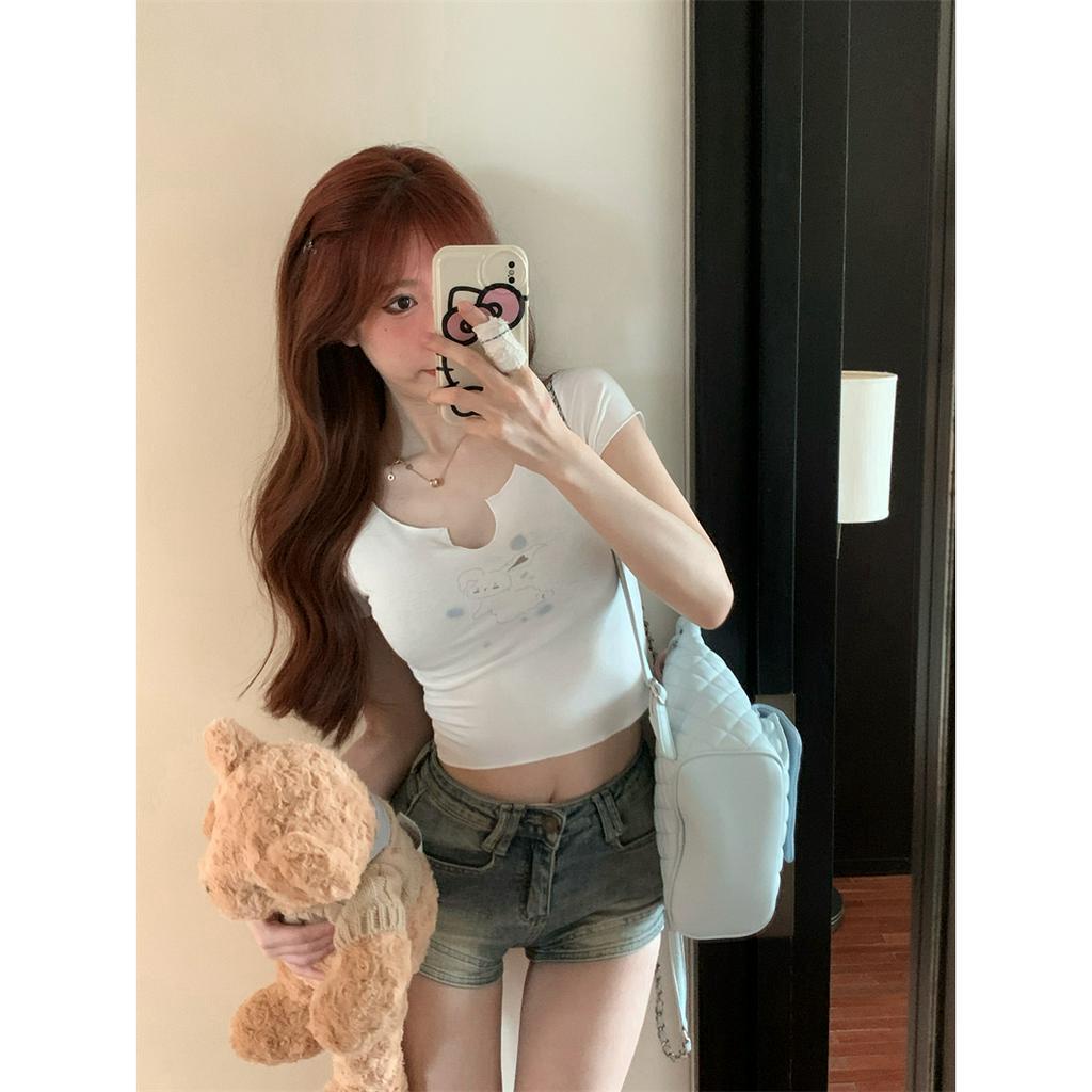 QADCOL Áo Thun Tay Ngắn Hở Rốn Dáng Ôm In Hình Thỏ Màu Trắng Thời Trang Mùa Hè Hàng Mới Dành Cho Bạn Nữ