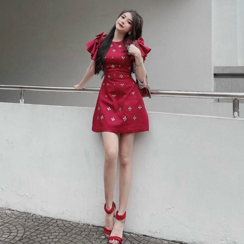 Đầm Dáng Xòe ❤️FREESHIP❤️ Cổ Tròn Tay Ngắn Đính Hạt Nơ Vai