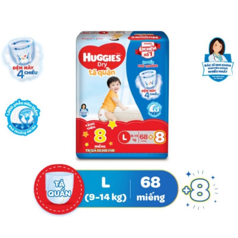 [Tặng 8 miếng tã quần Huggies] Tã quần Huggies L68 mẫu mới