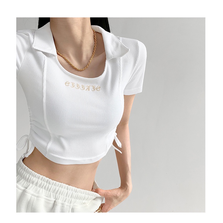 Áo thun MMIOT ngắn tay cổ chữ U phối dây rút thêu chữ thời trang mùa hè 2023 cho nữ