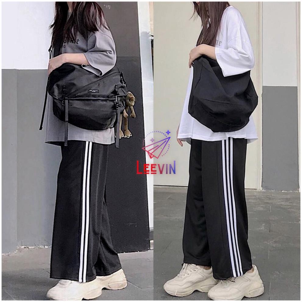 Quần ỐNG RỘNG Nữ 2 Sọc và 3 Sọc Trắng Unisex Nam Nữ Màu Đen - Kiểu quần Culottes lưng cao Leevin Store ⚡️