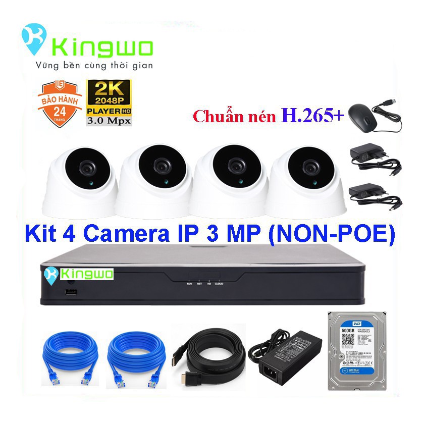 Bộ KIT 4 camera IP (4 Dome) 3.0MP KingWo (NON-POE)Có ổ cứng 500G, chống nước-Bảo hành 2 năm 1 đổi 1 Tặng 40m dây mạng