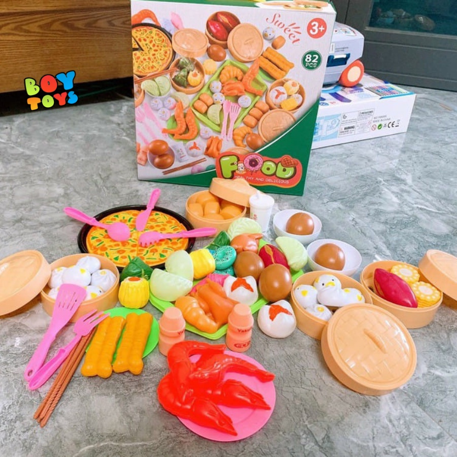 [Hộp đẹp] Bộ đồ chơi nấu ăn nhà bếp Dimsum 82 chi tiết có bánh pizza, hàng loại 1 đảm bảo an toàn cho bé