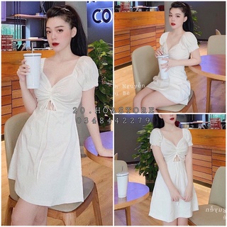 VÁY TRẮNG RÚT DÂY NGỰC TAY BỒNG TIỂU THƯ - ĐẦM TRẮNG CỔ V ULAZZANG HÀN QUỐC