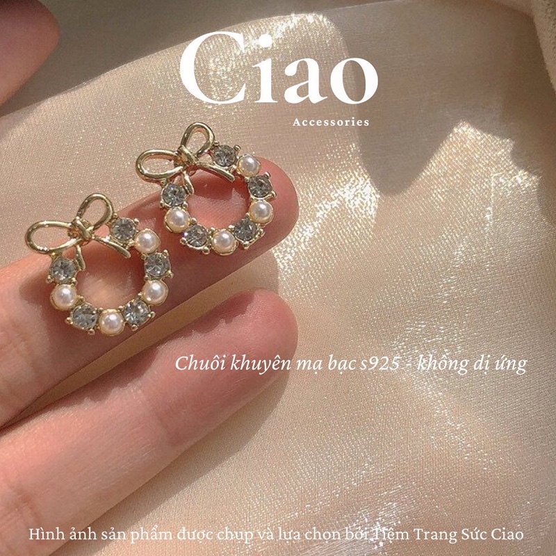 [HOẢ TỐC 1H] Khuyên tai/ Bông tai mạ bạc S925 thiết kế hình nơ đính đá Pretty In Ciao