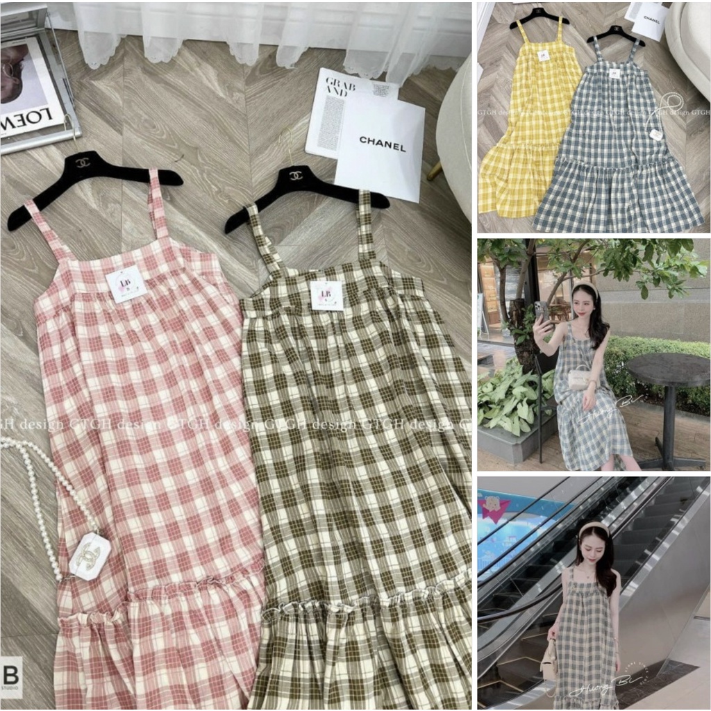 ￼Váy bầu kẻ cổ vuông 2 dây Xuân hè .đầm bầu đuôi cá kẻ caro mềm mát