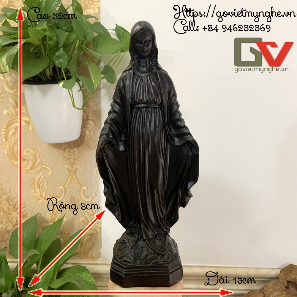 Tượng đá Đức mẹ Maria ban ơn - Chiều cao 32cm Chiều Rộng 13cm - Màu nâu đen