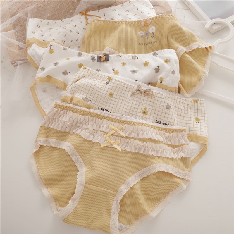 Quần Lót Nữ Cotton Tăm Co Giãn Họa Tiết Hoa Vàng Hoàng Kim Dễ Thương Tone Màu Vàng Nhẹ Nhàng