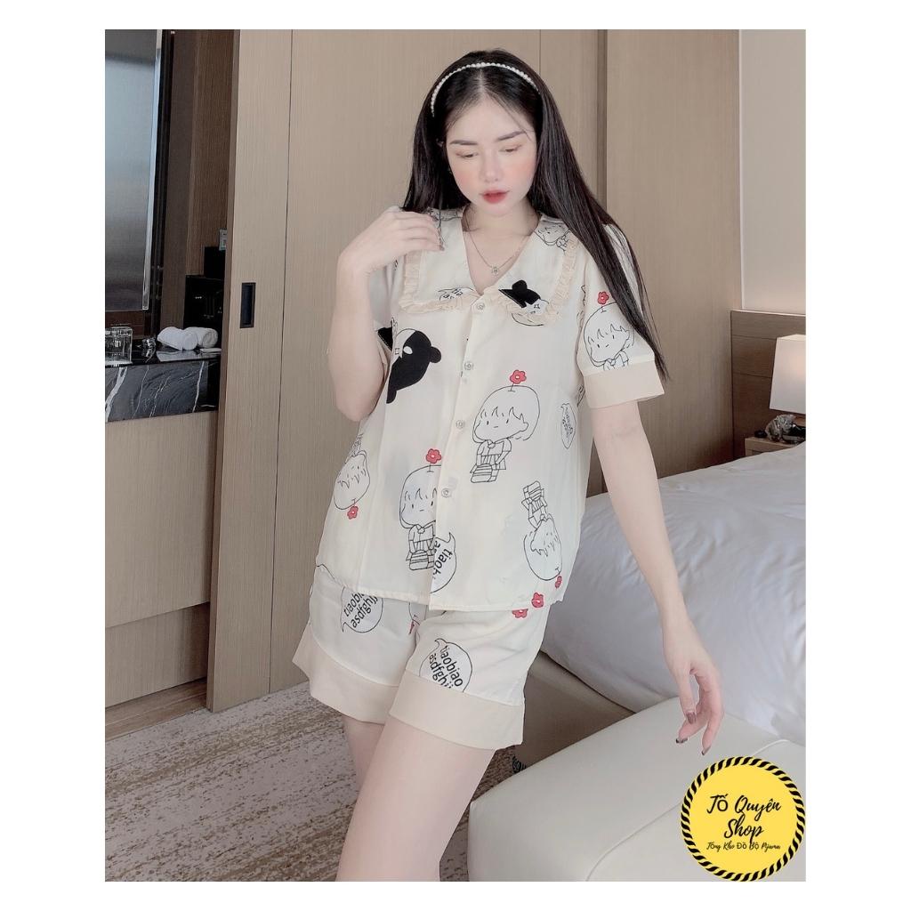 Bộ Lụa Áo Cộc - Quần Sooc 🔥FREESHIP🔥 Đồ Bộ Pijama Chất Liệu SaTin Họa Tiết Xinh Xắn Màu Hồng - Xanh BN1.1