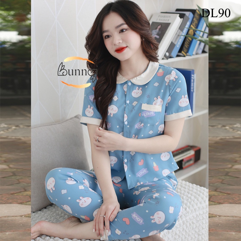 [BunnySky] BỘ NỮ MẶC NHÀ KIỂU DÁNG ĐẸP HỌA TIẾT NGỘ NGHĨNH, TAY CỘC QUẦN DÀI QUẦN ÁO CHẤT LIỆU LỤA MỀM MÁT