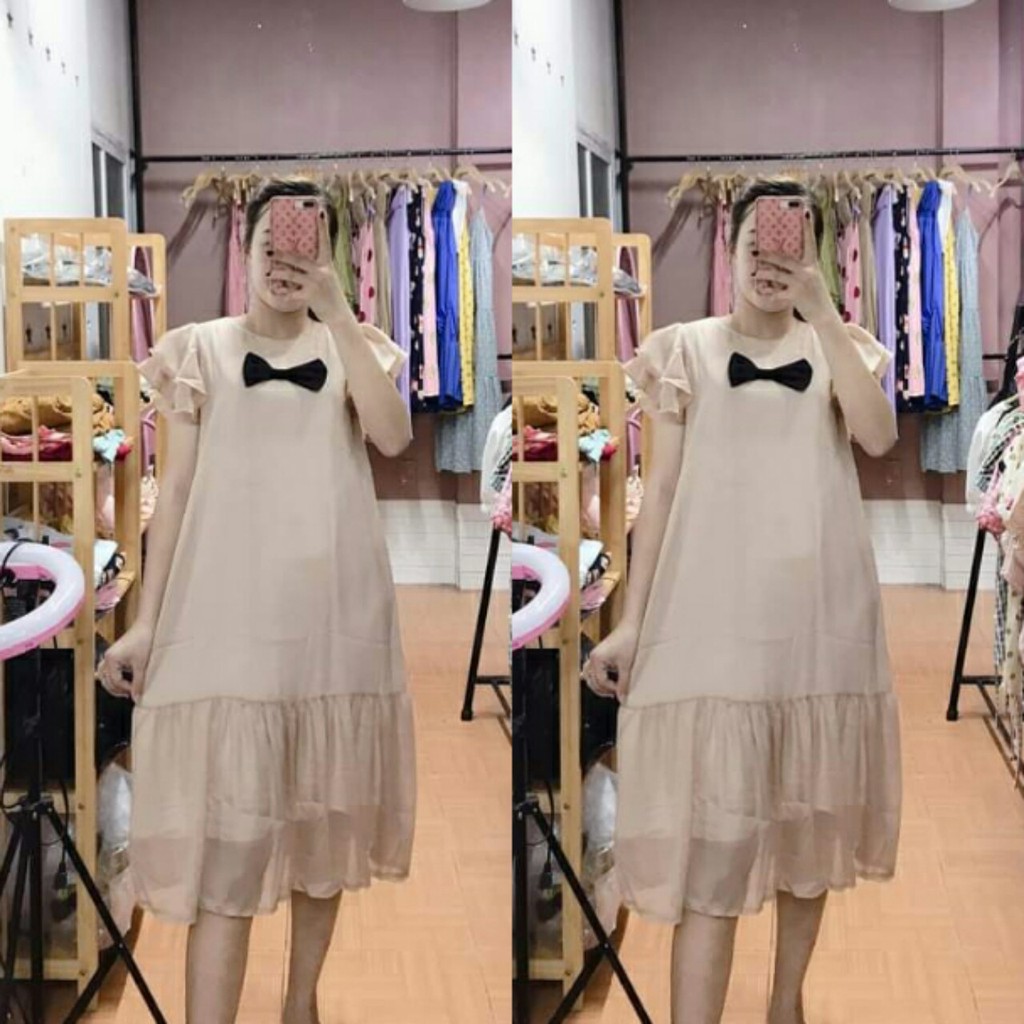 ĐẦM BẦU XINH KA500 PHỐI NƠ CHẤT LỤA HAI LỚP ĐẸP