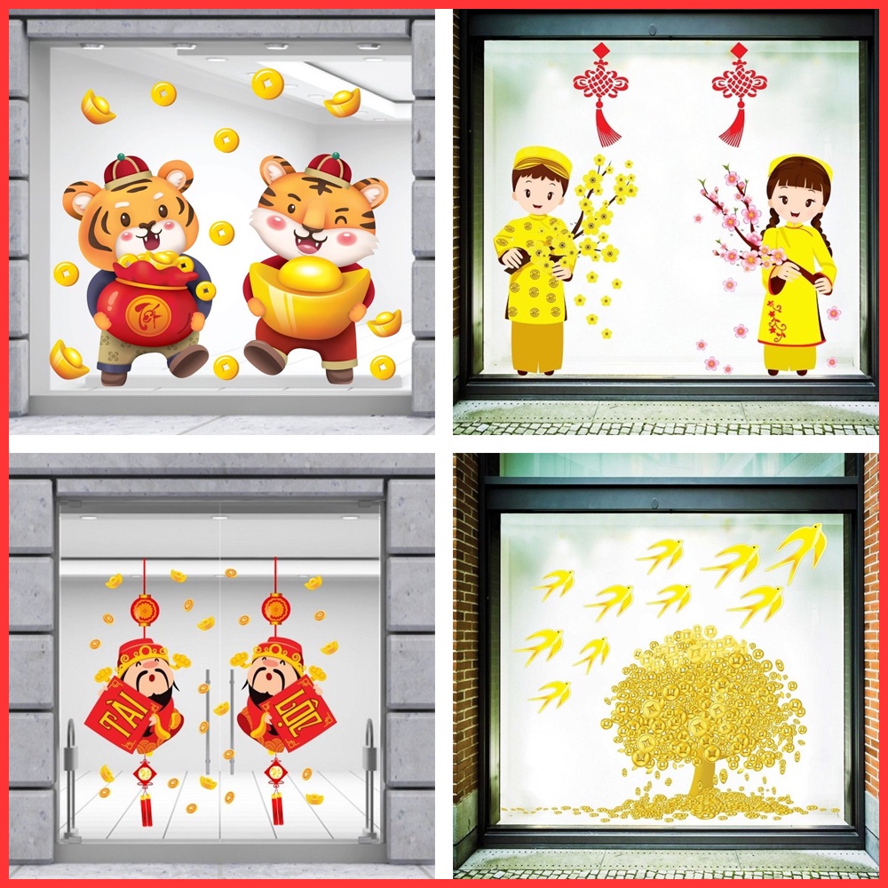 Decal Trang Trí Tết Bé Múa Lân Đón Xuân Như Ý - Decal tết cao cấp không viền trắng có sẵn keo sẵn [Hỗ trợ xuất VAT]