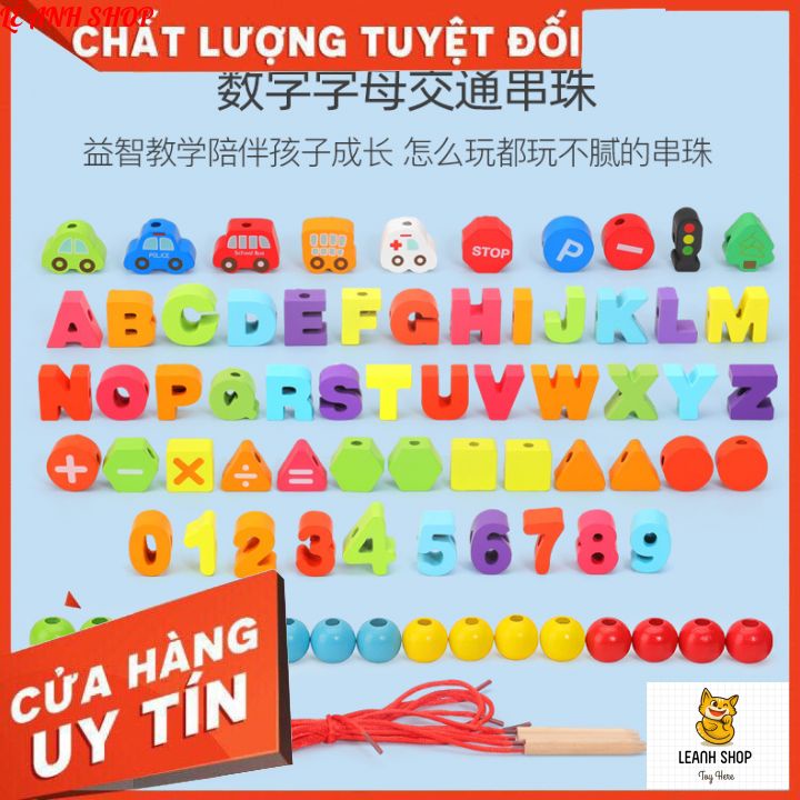 Bộ xâu hạt gỗ 75 tri tiết chữ số và phương tiện giao thông